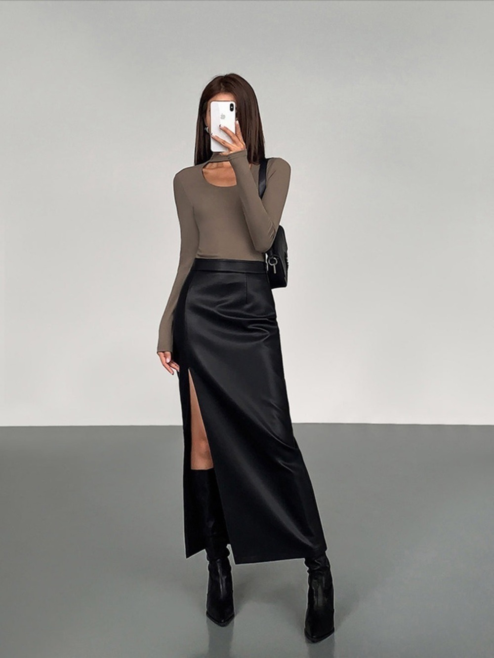 Commense Side Split PU Leather Midi Skirt